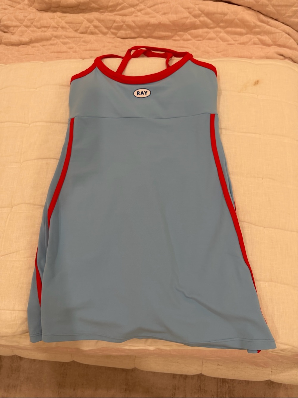 Light Blue Mini Dress with Red Trim